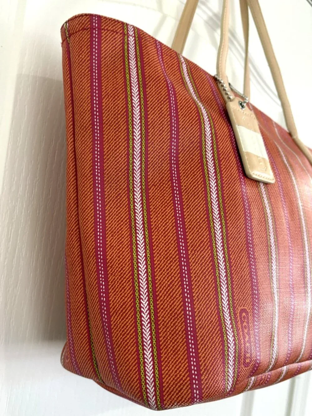 Coach Legacy Weekend Ticking PVC Tote Bag Handbag Pink Lime Orange Stripe 23108